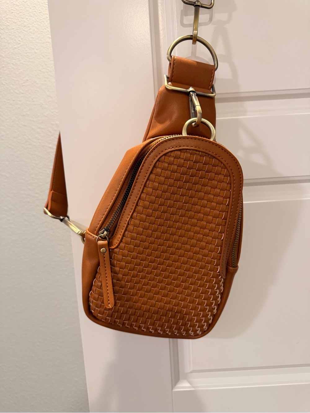 Anthropologie Woven Crossbody Sling Bag - Cognac Brown